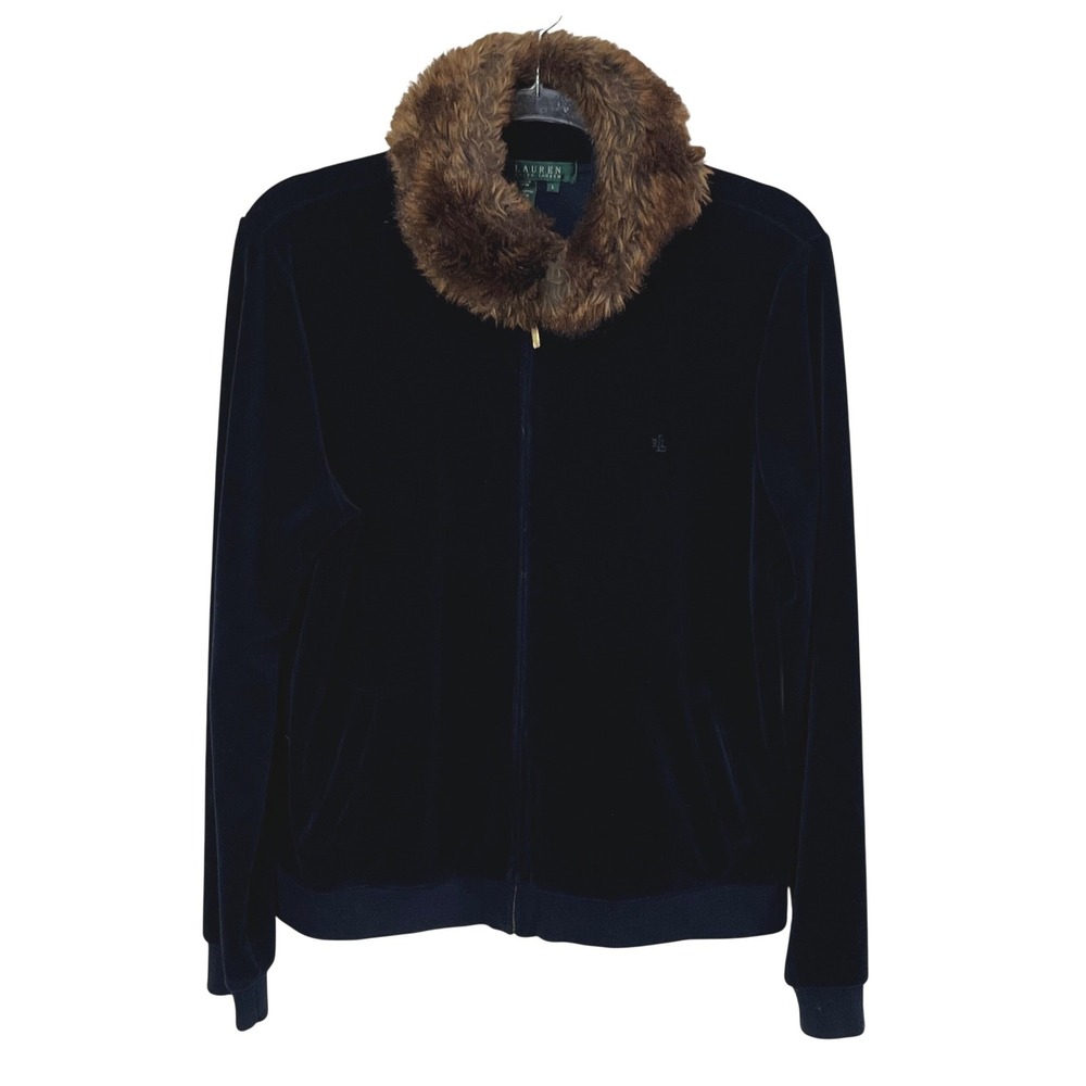 Lauren Ralph Lauren Velour Jacket‎ Women Large Navy Blue Faux Fur Collar Zip Up